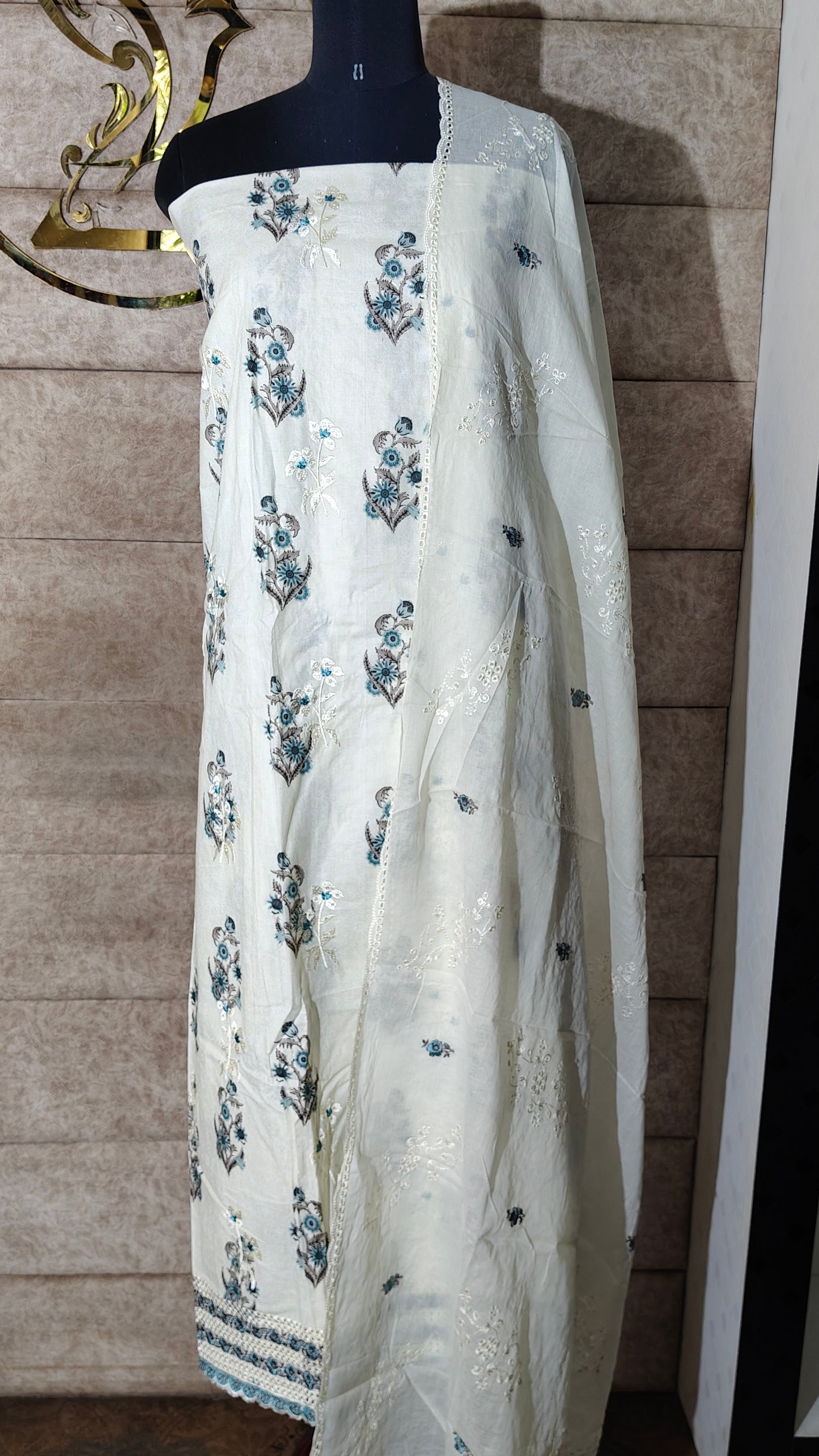 CREAM AND BLUE SALWAR MATERIAL - 30571