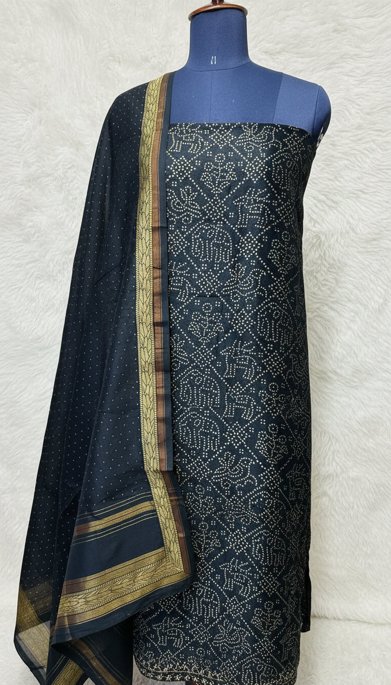 BLACK AND GOLDEN EMAL CHANDERI SALWAR MATERIAL - 30410