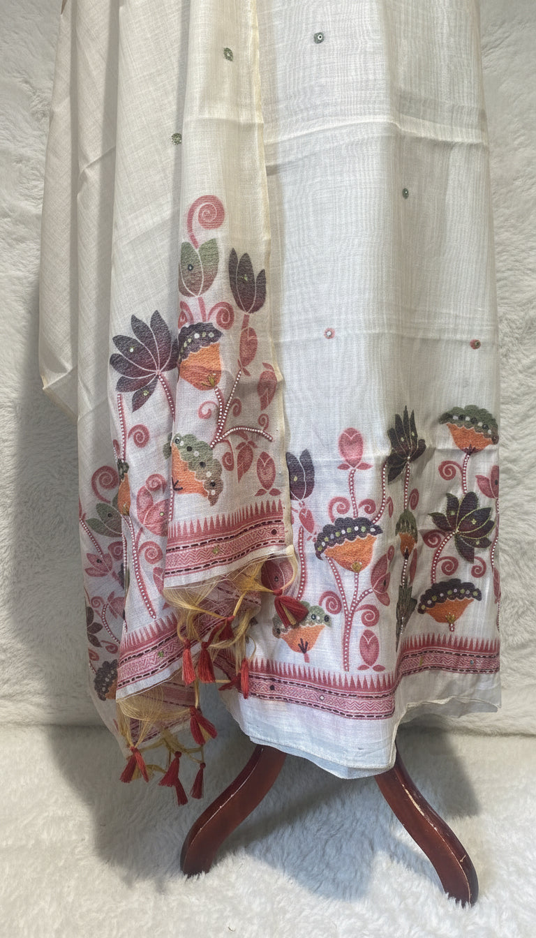 OFFWHITE JAMDANI FULL SET SALWAR MATERIAL - 30414 (RED)