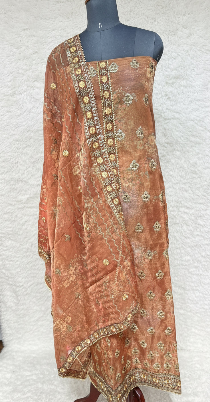 (OFFER) BROWN ORGANZA SALWAR MATERIAL - 1353