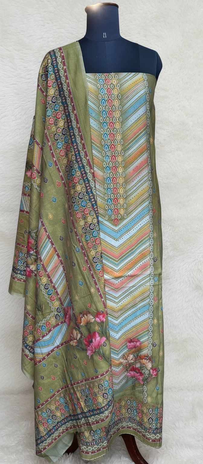 OLIVE GREEN BLUE MUSLIN FULL SET SALWAR MATERIAL - clt777 (KAFTHAN TYPE STITCHABLE)