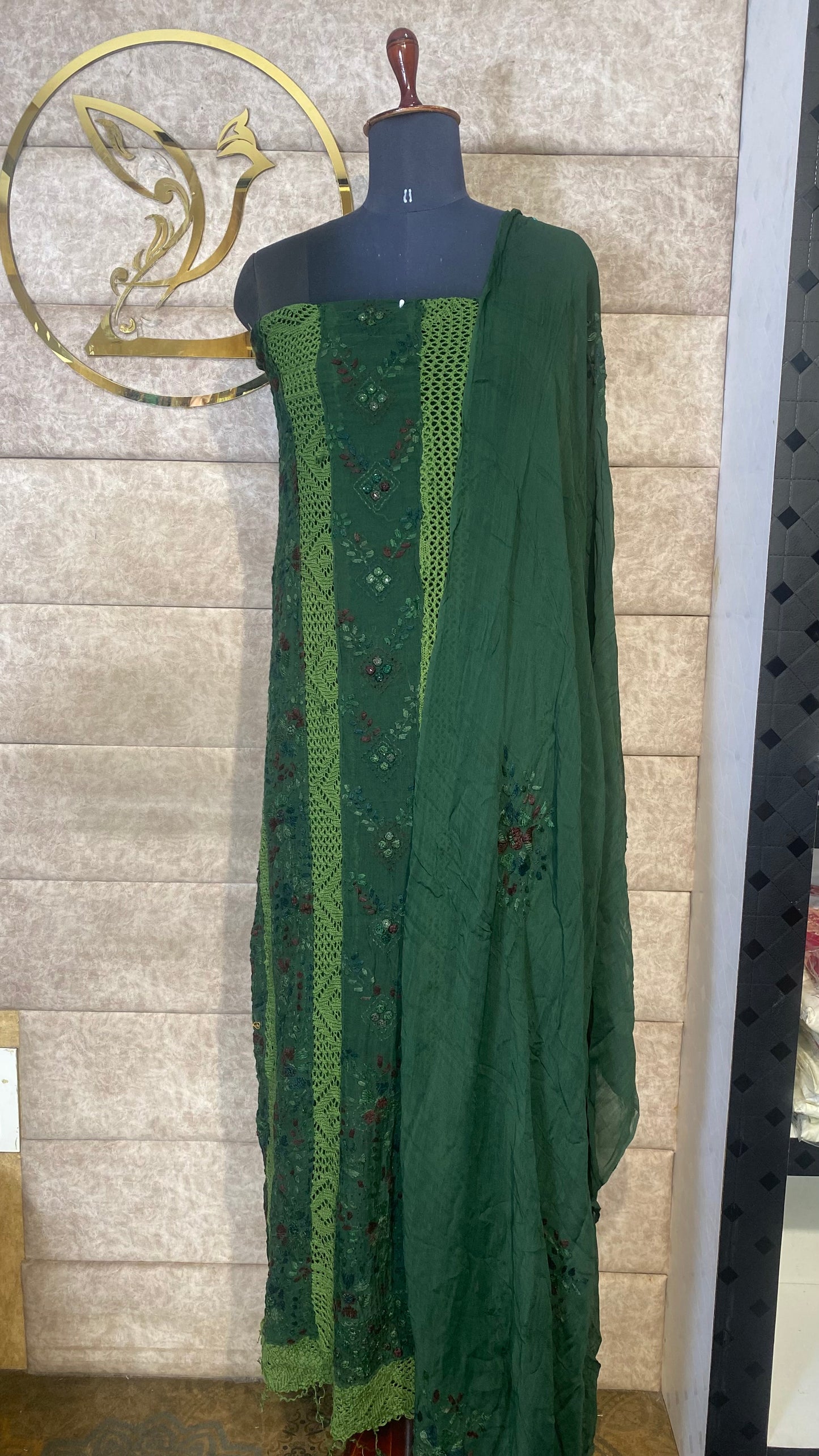 BOTTLE GREEN CHIFFON TOP AND DUPATTA MATERIAL - 30622 (WITHOUT BOTTOM)