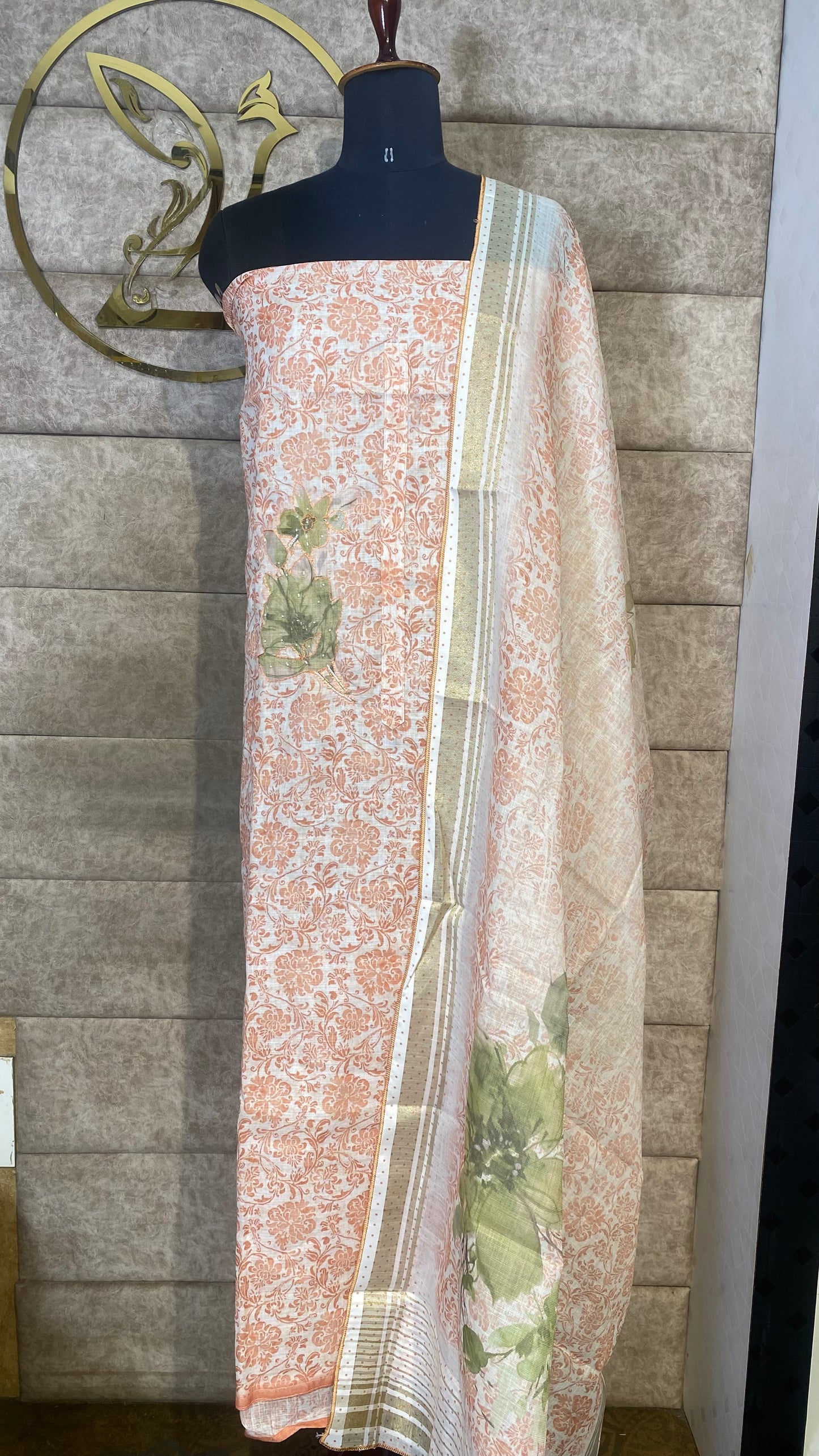 LINEN MIX WHITE & ORANGE FULL SALWAR MATERIAL - 30584