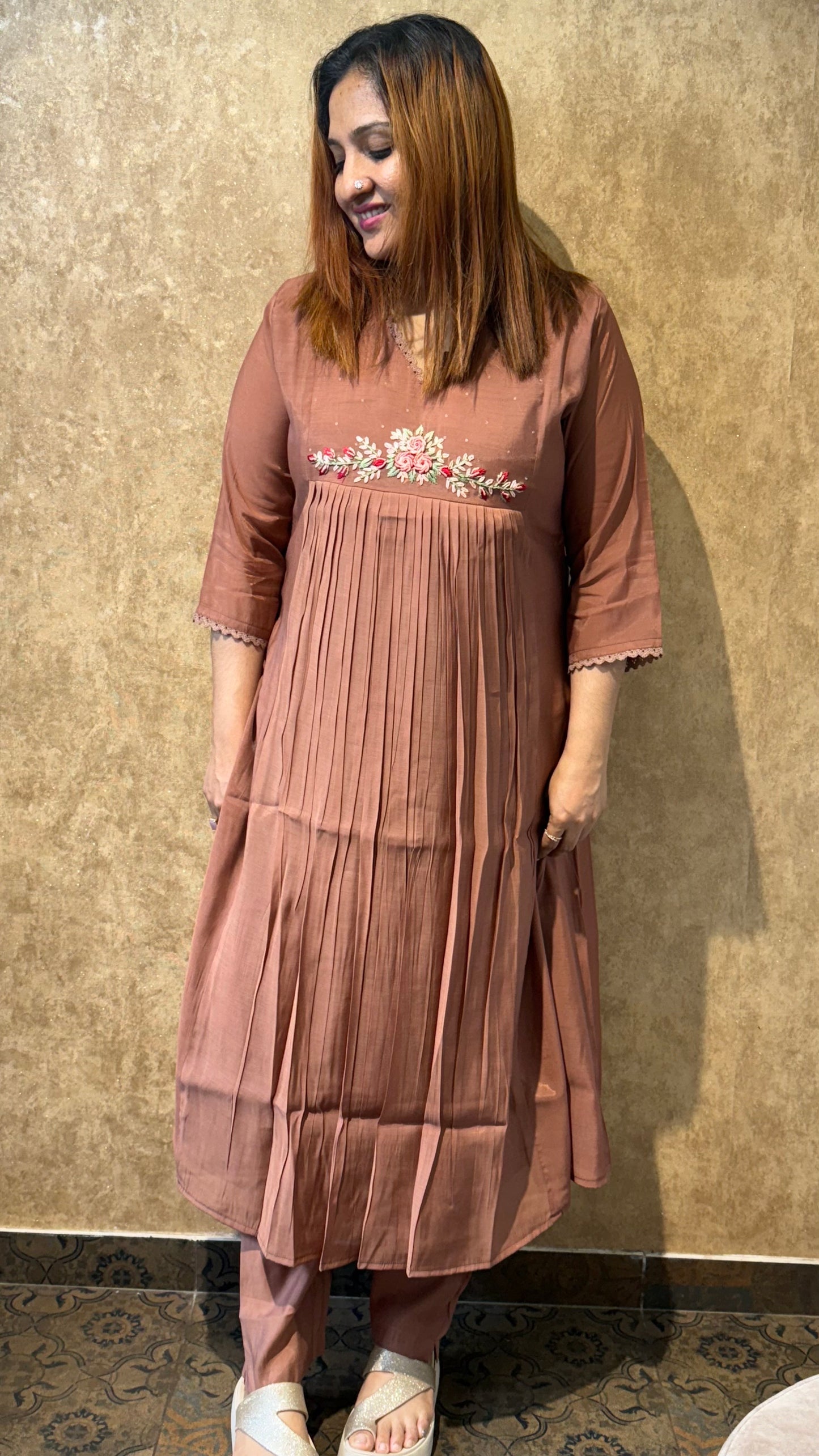 MOCHA BROWN MUL CHANDERI SILK COD SET - 30460