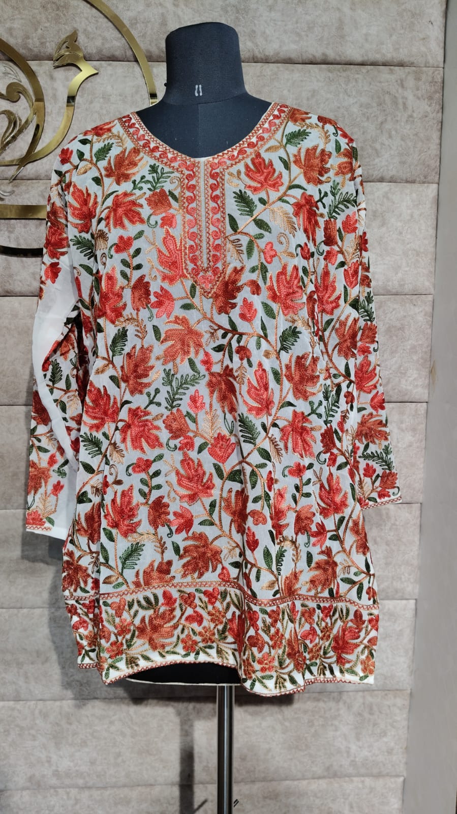 WHITE ORANGE TOP GEORGETTE KASHMIRI AARI WORK - 30563