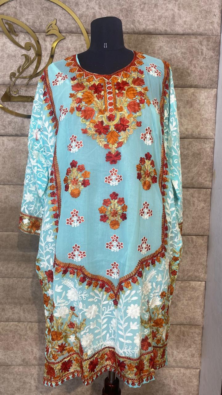 POWDER BLUE GEORGETTE TOP KASHMIRI AARI WORK - 30630 (FREE SIZE)