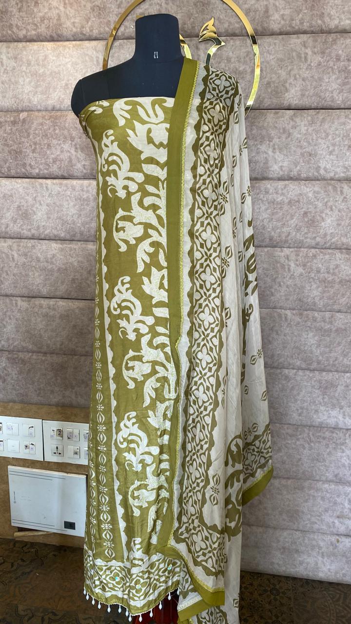 MUSLIN OLIVE GREEN SALWAR FULL SET-31503