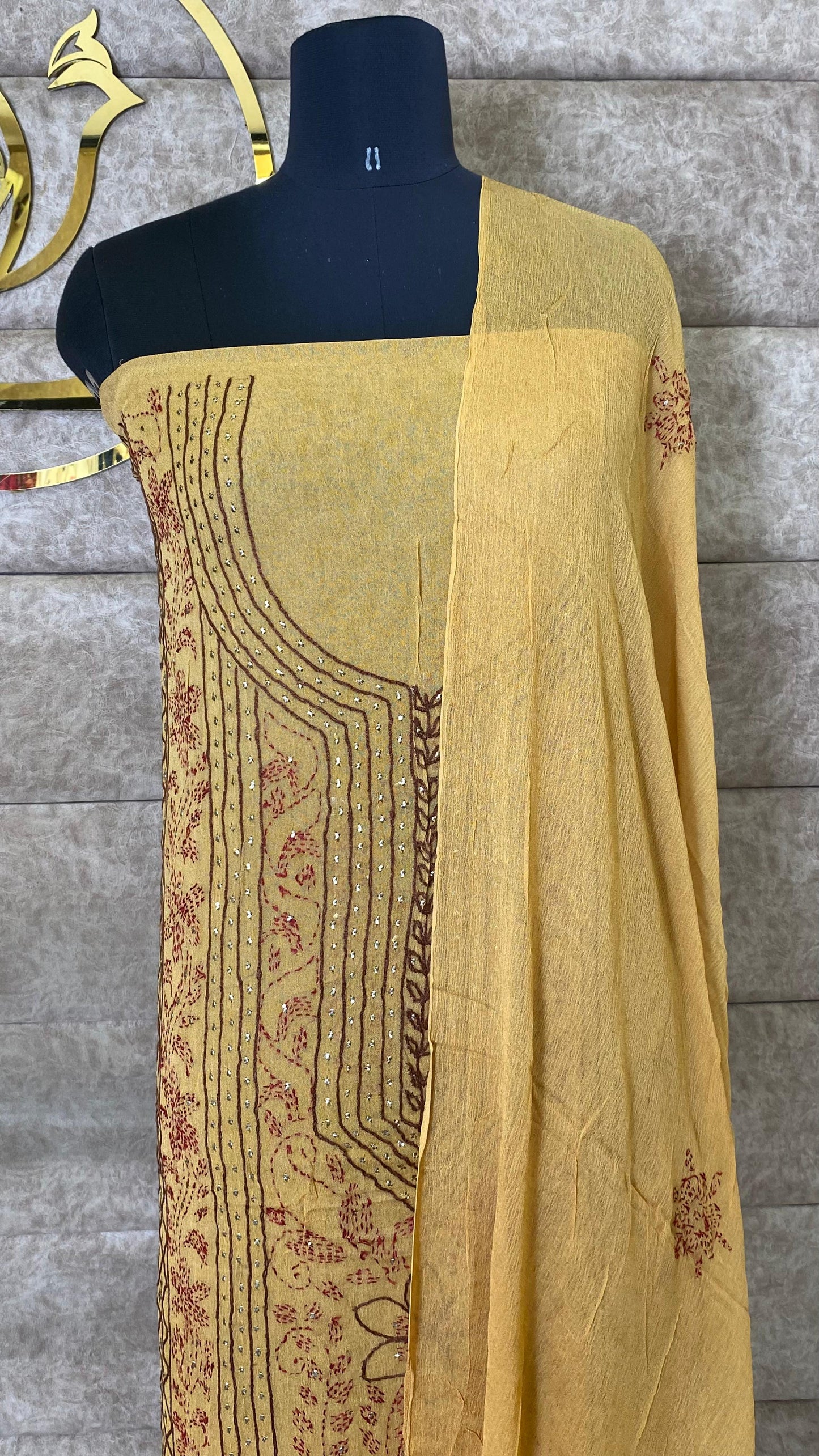 MUSTARD Yellow KARACHI SALWAR MATERIAL - 30620 (WITHOUT BOTTOM)