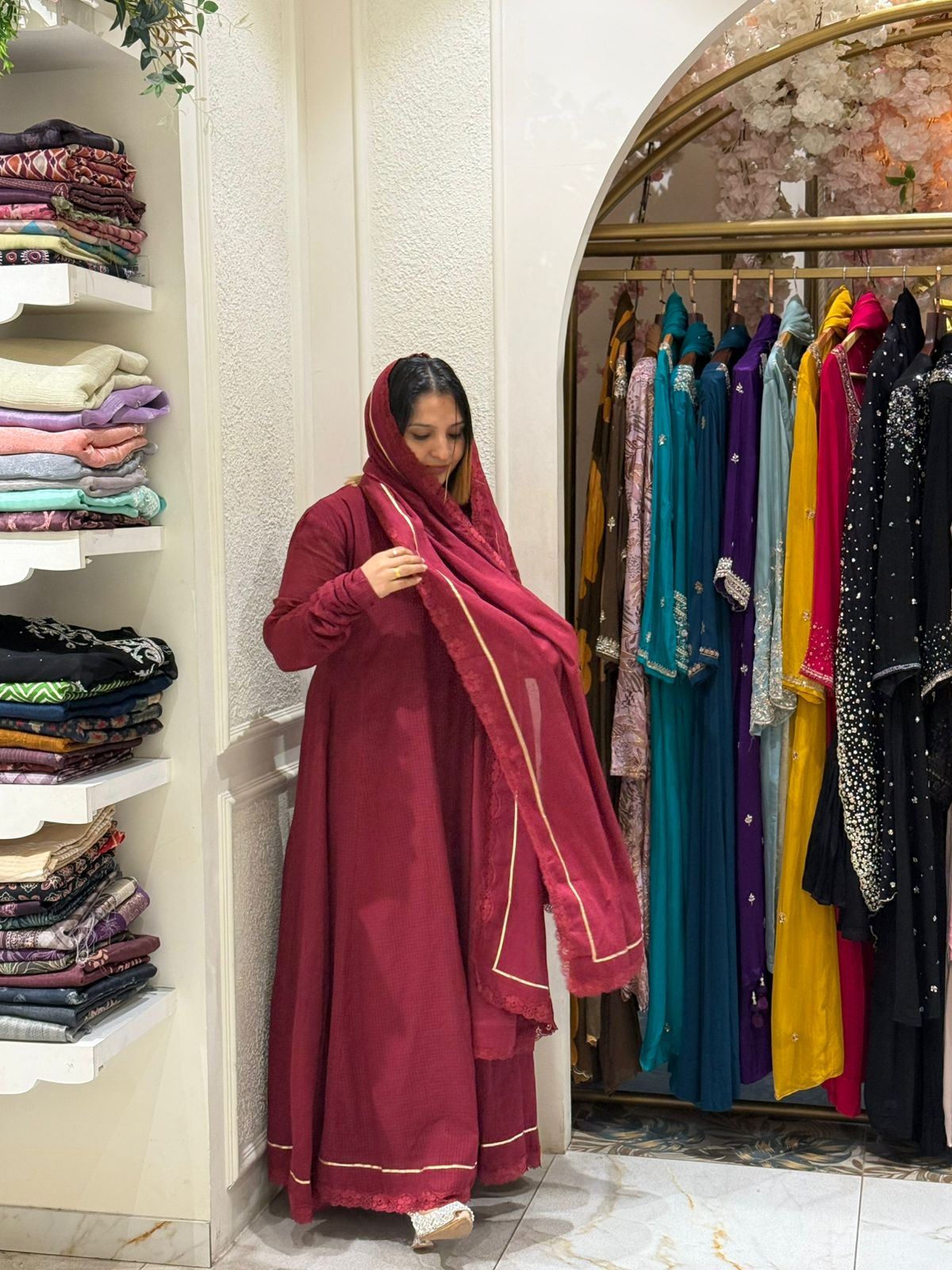 MAROON COTTA ANARKALI TOP & DUPATTA SET (WITHOUT BOTTOM) - 52460A (PRE BOOKING- DISPATCHING TIME 15 DAYS)
