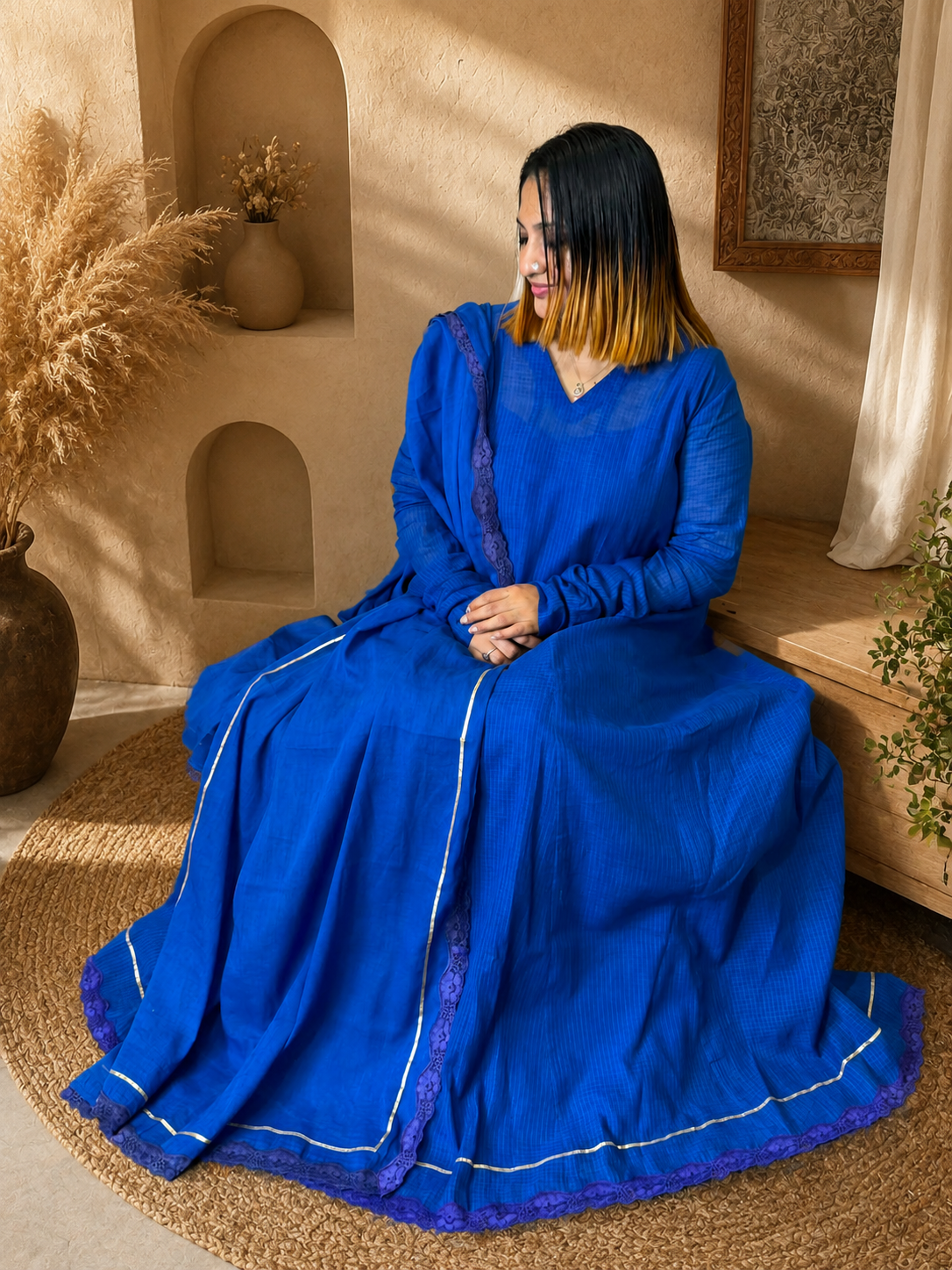 NAVY BLUE COTTA ANARKALI TOP & DUPATTA SET (WITHOUT BOTTOM)  - 30728 (PRE BOOKING- DISPATCHING TIME 15 DAYS)