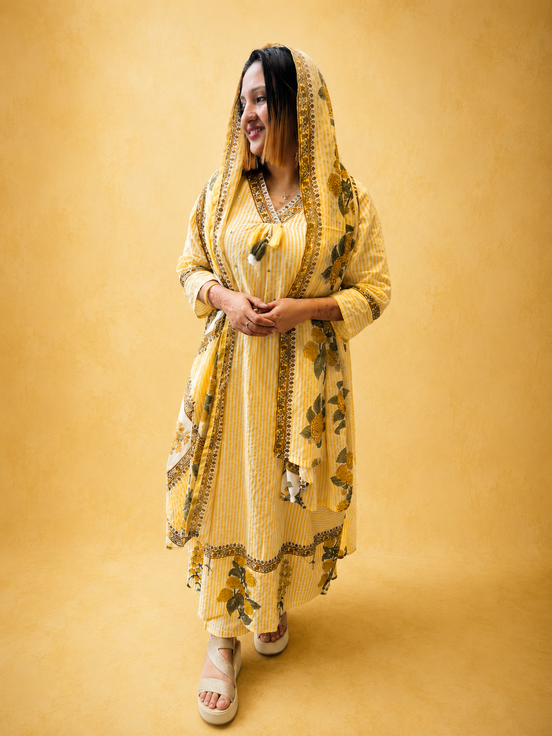YELLOW & WHITE COTTON FULL SALWAT SET - 30722
