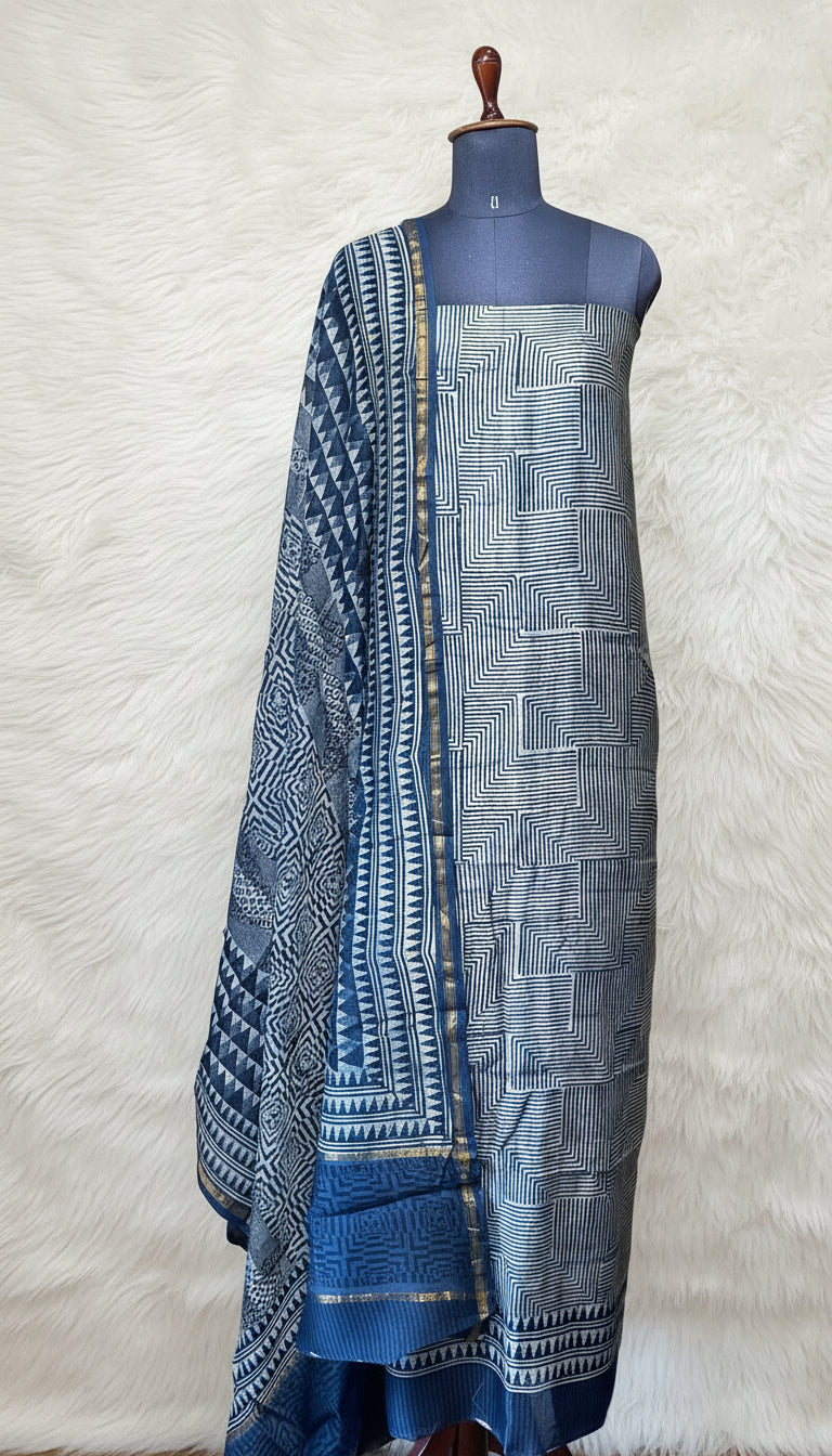 INDIGO AND ASH MAL CHANDERI SALWAR MATERIAL - 30410
