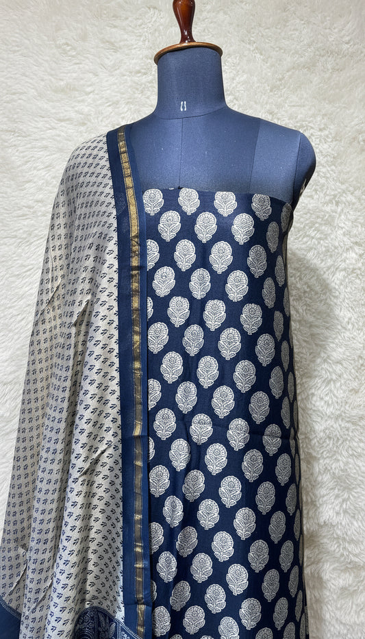 NAVY BLUE MAL CHANDERI SALWAR MATERIAL - 30410