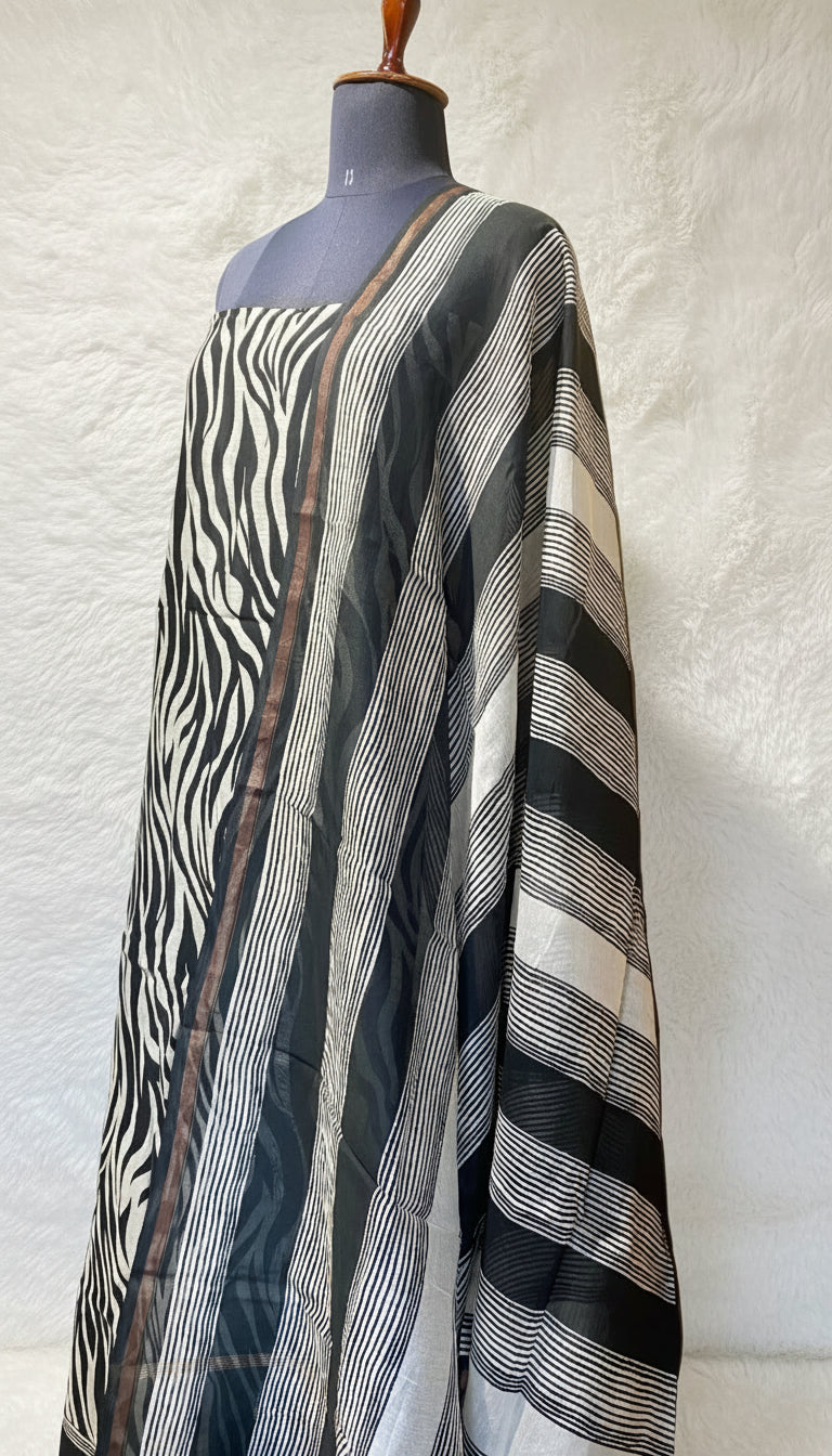 BLACK AND WHITE EMAL CHANDERI SALWAR MATERIAL - 30410