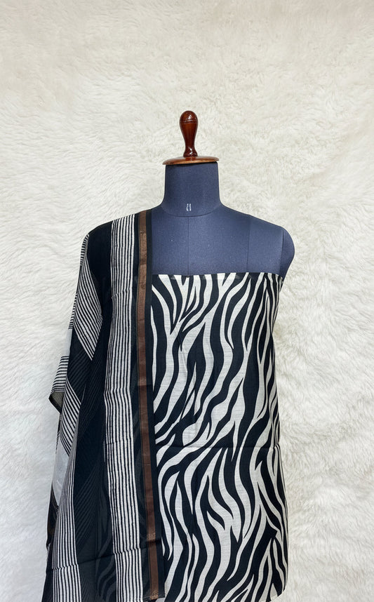 BLACK AND WHITE EMAL CHANDERI SALWAR MATERIAL - 30410