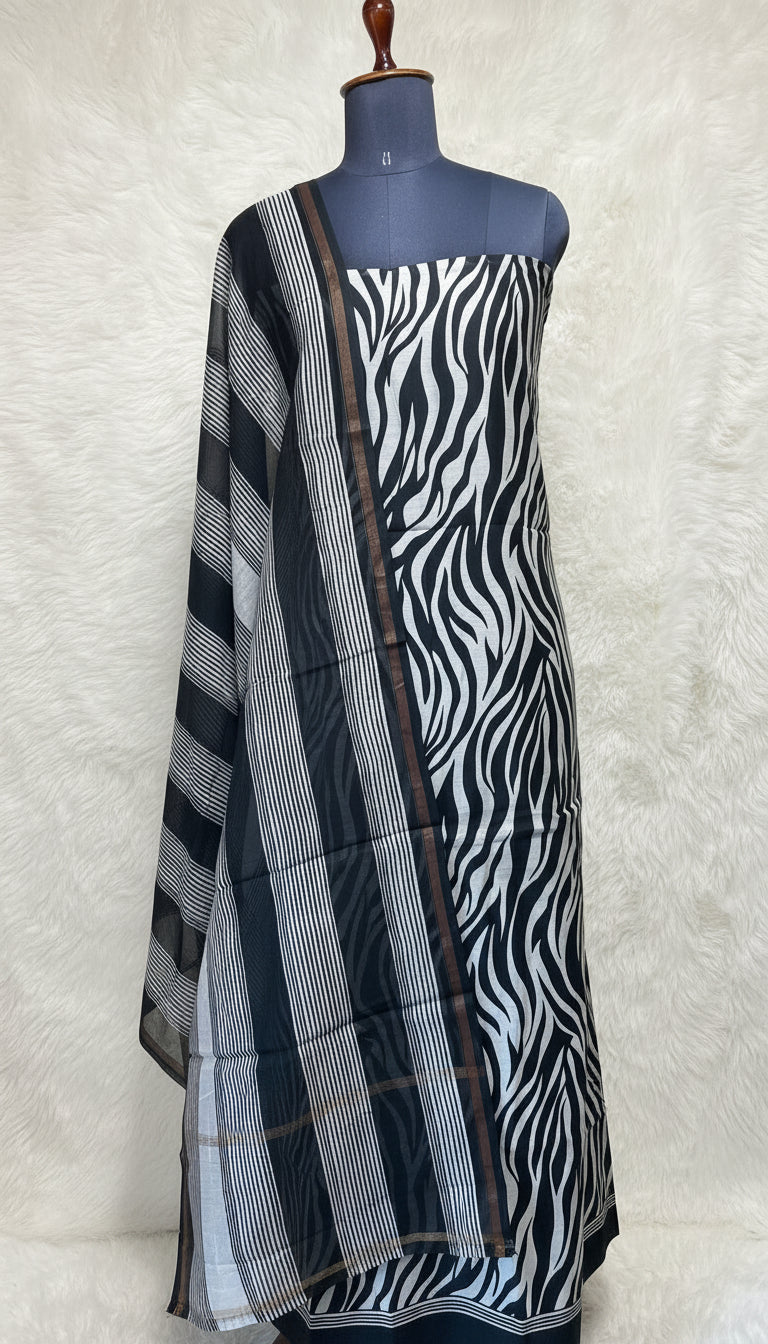 BLACK AND WHITE EMAL CHANDERI SALWAR MATERIAL - 30410