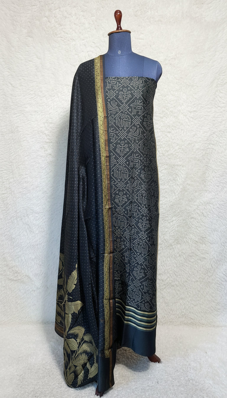 BLACK AND GOLDEN EMAL CHANDERI SALWAR MATERIAL - 30410