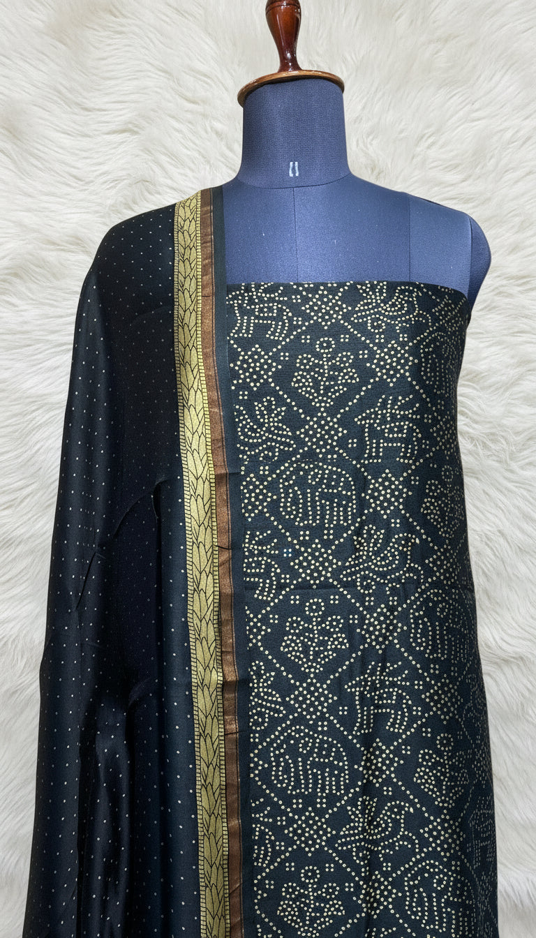 BLACK AND GOLDEN EMAL CHANDERI SALWAR MATERIAL - 30410