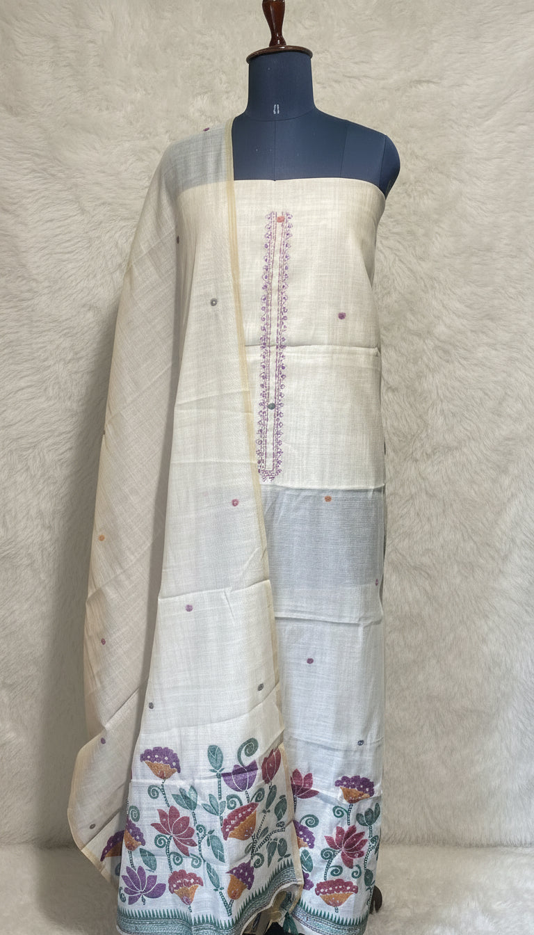 OFFWHITE JAMDANI  FULL SET SALWAR MATERIAL - 30414 (GREEN)