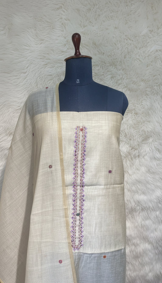 OFFWHITE JAMDANI  FULL SET SALWAR MATERIAL - 30414 (GREEN)