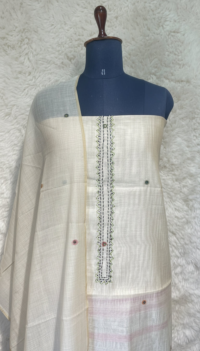 OFFWHITE JAMDANI  FULL SET SALWAR MATERIAL - 30414 (RED)