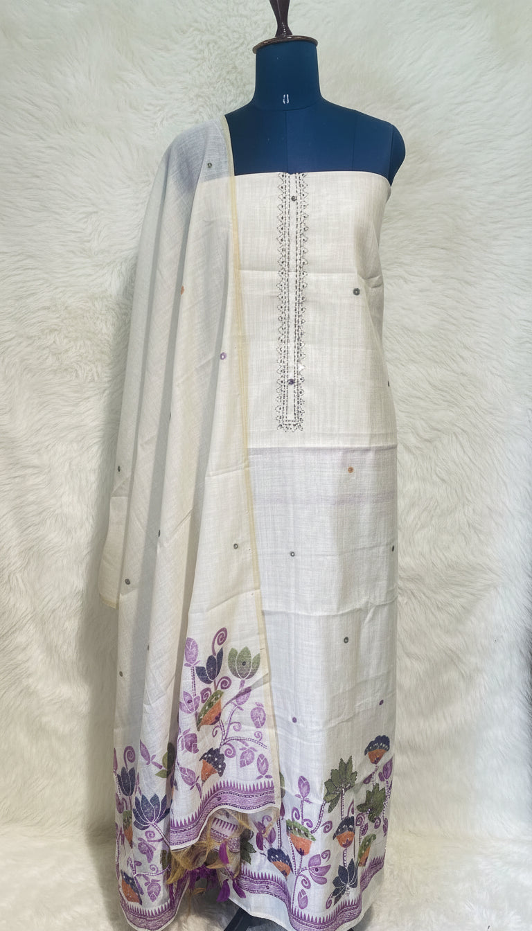 OFFWHITE JAMDANI FULL SET SALWAR MATERIAL - 30414 (PURPLE)