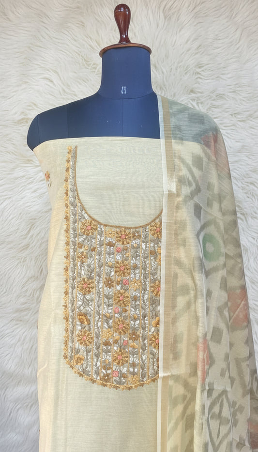 PASTEL LEMON YELLOW CHANDERI FULL SALWAR MATERIAL - 30439