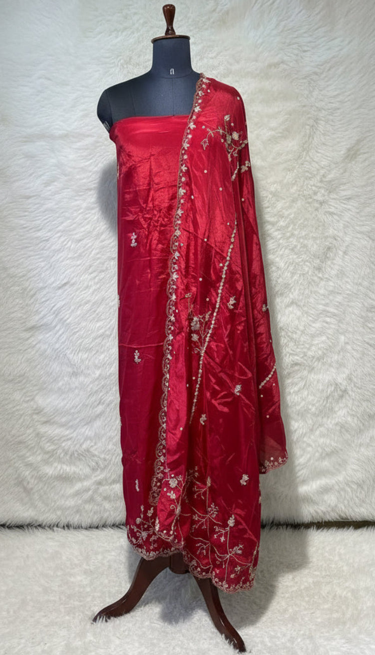 CHERRY RED PARTY WEAR SALWAR FULL SET MATERIAL - 30440