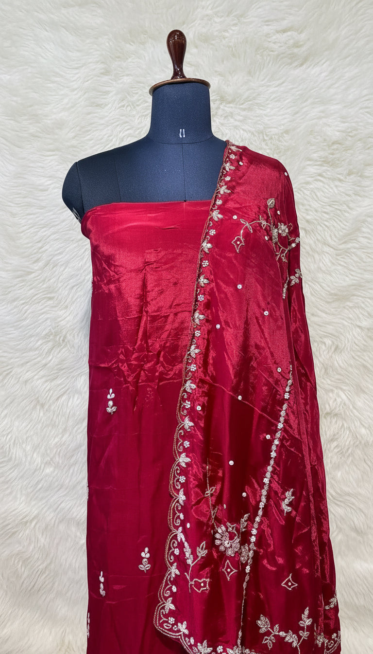 CHERRY RED PARTY WEAR SALWAR FULL SET MATERIAL - 30440