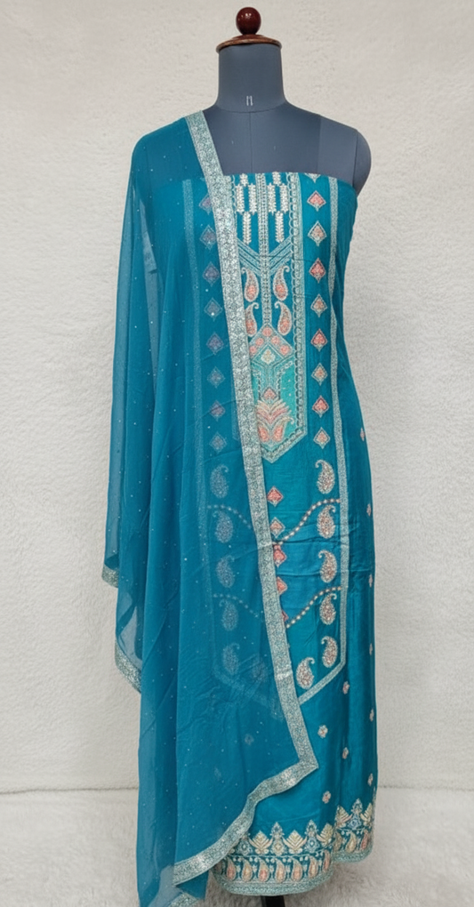 (OFFER) PEACOCK BLUE CREPE SALWAR MATERIAL - 2537