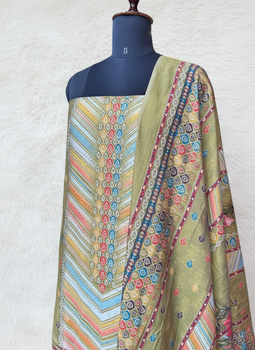 OLIVE GREEN BLUE MUSLIN FULL SET SALWAR  MATERIAL  -  clt777  (KAFTHAN TYPE STITCHABLE)