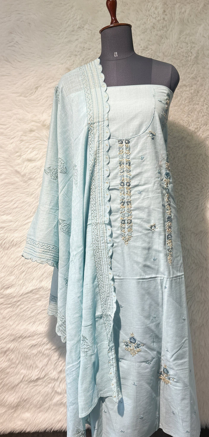 LINEN AQUA BLUE SALWAR FULL SET MATERIAL - 30437