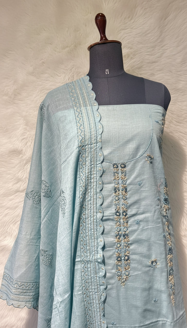 LINEN AQUA BLUE SALWAR FULL SET MATERIAL - 30437