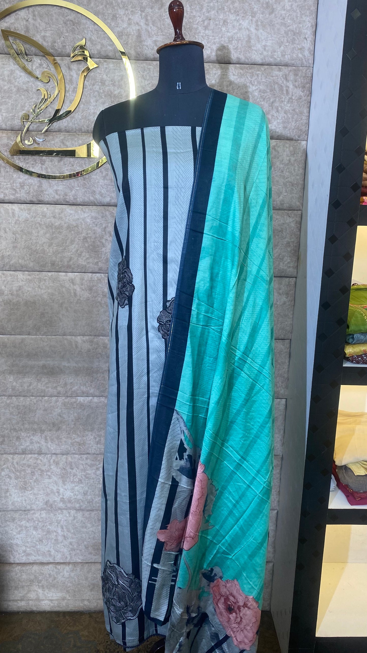 CAMBRIC COTTON ASH & GREENFULL SALWAR MATERIAL- 30565