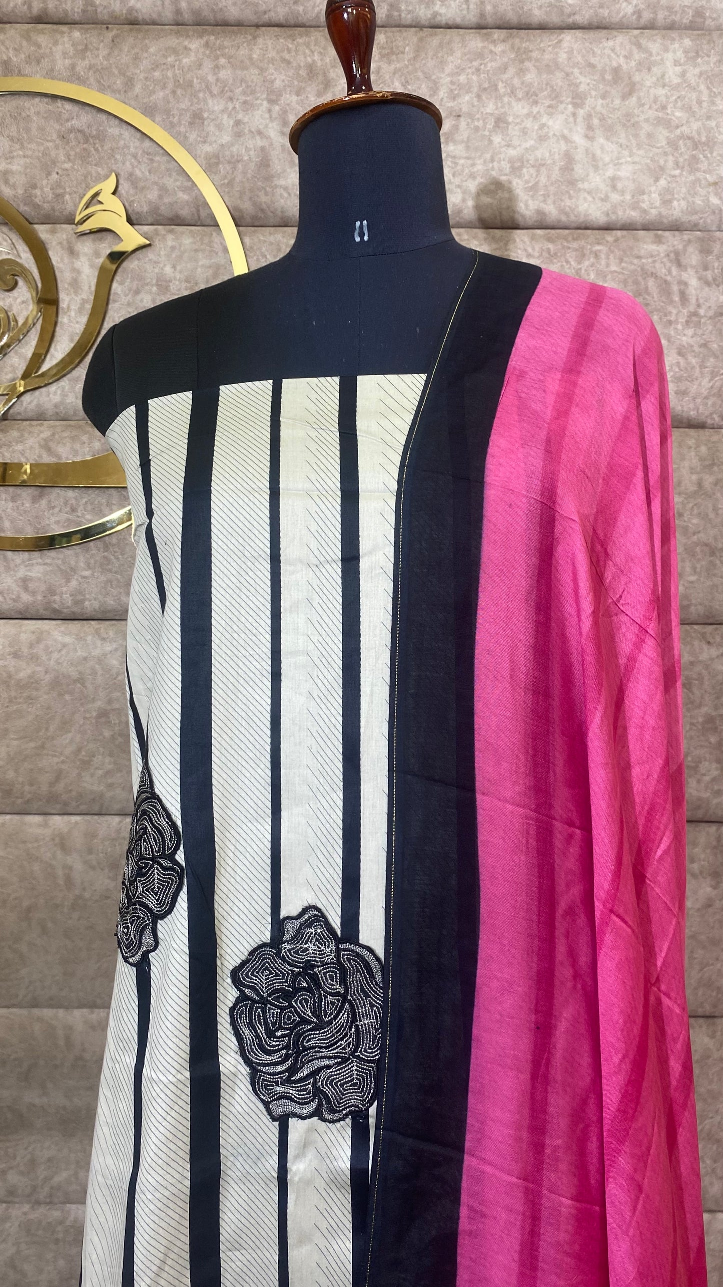 CAMBRIC COTTON BEIGE & ROSE FULL SALWAR MATERIAL- 30565