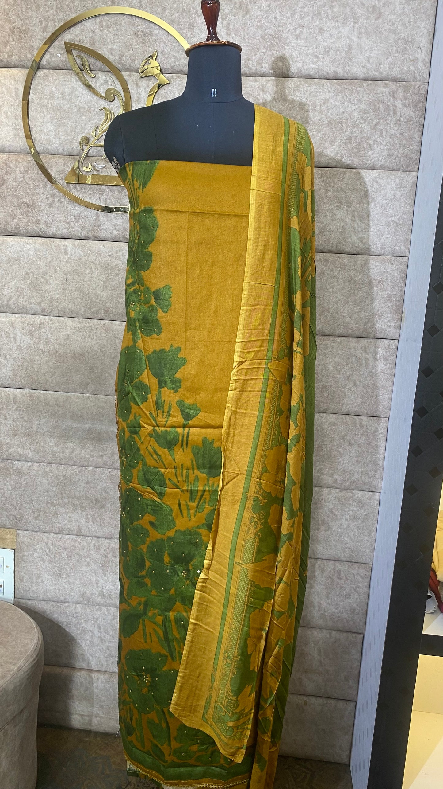 COTTON MUSTARD YELLOW AND GREEN FULL SALWAR MATERIAL - 30564