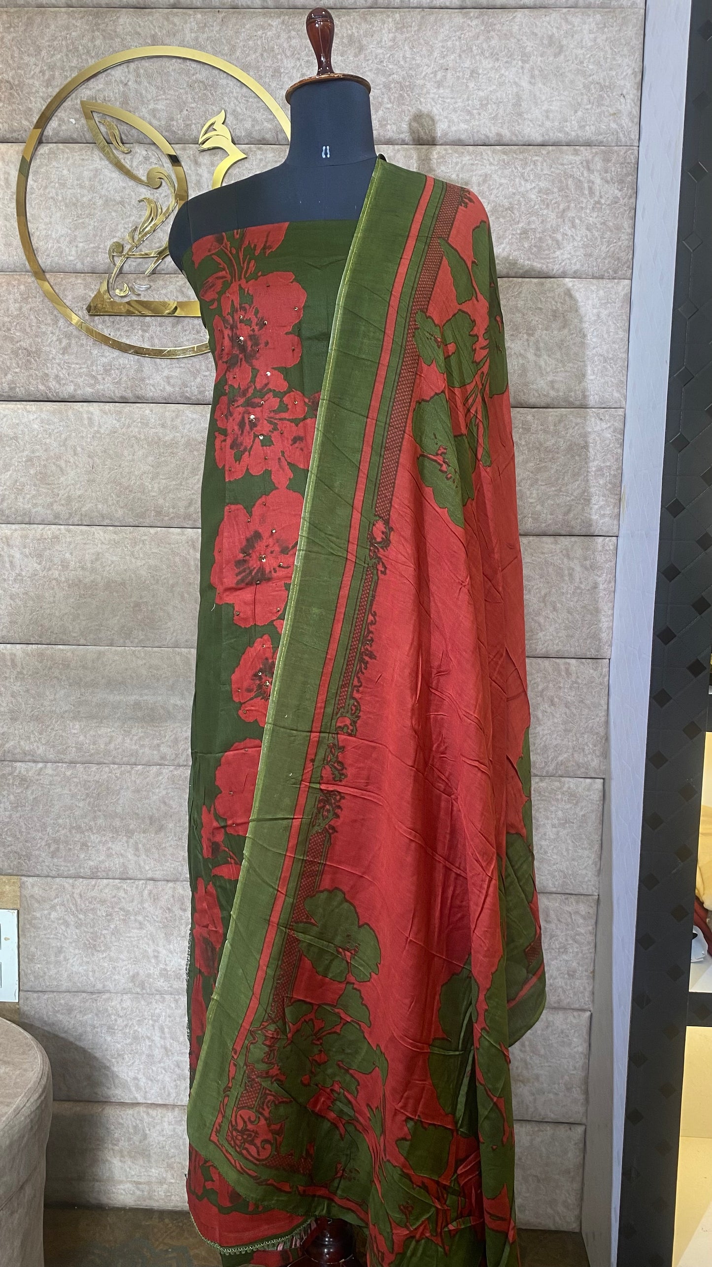 COTTON GREEN AND RED FULL SALWAR MATERIAL - 30564
