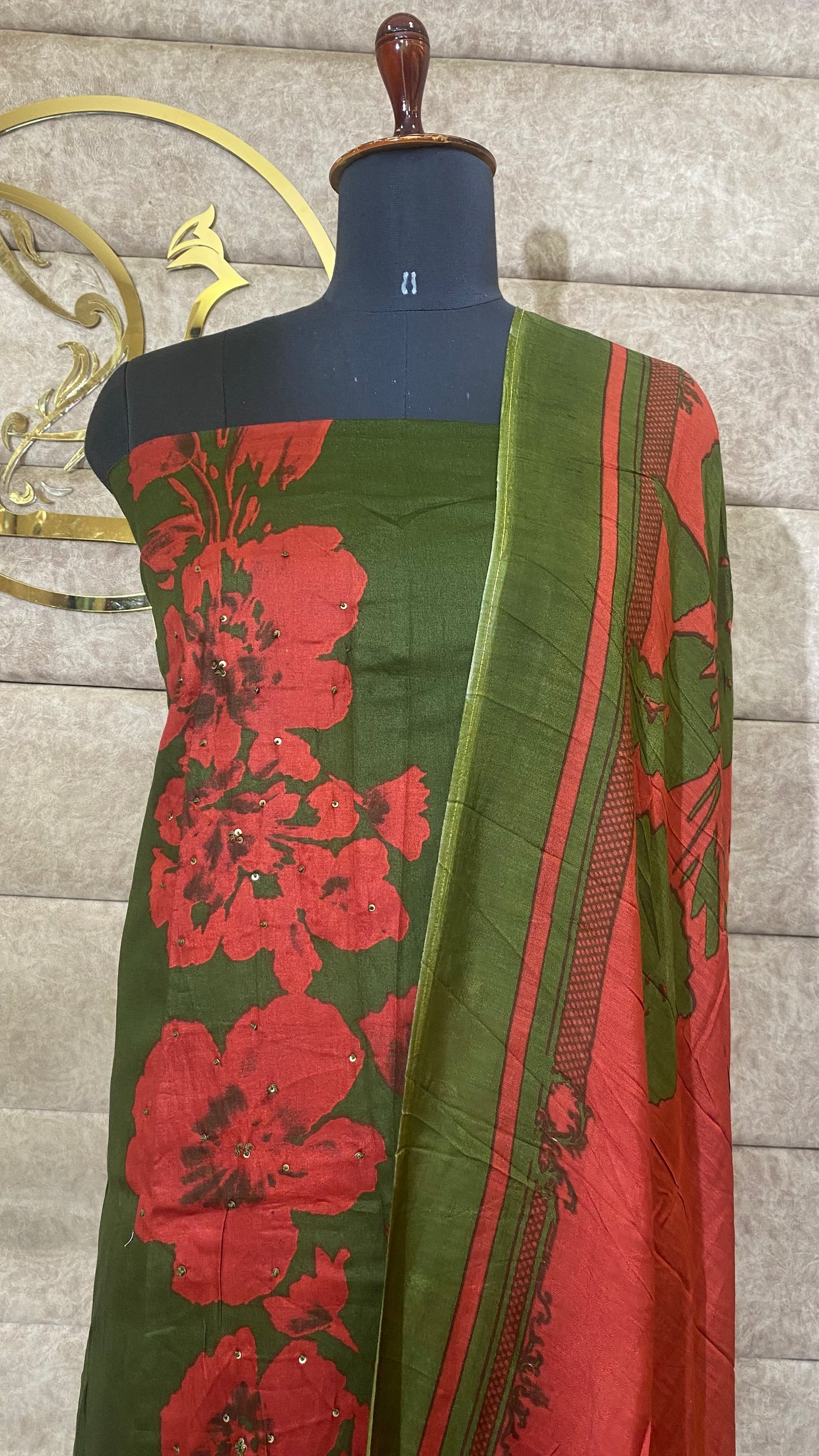 COTTON GREEN AND RED FULL SALWAR MATERIAL - 30564
