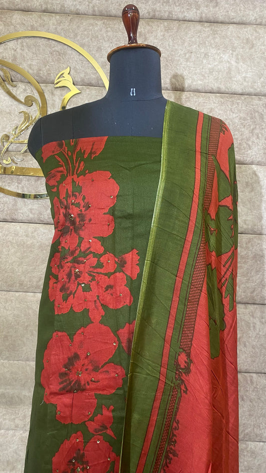COTTON GREEN AND RED FULL SALWAR MATERIAL - 30564