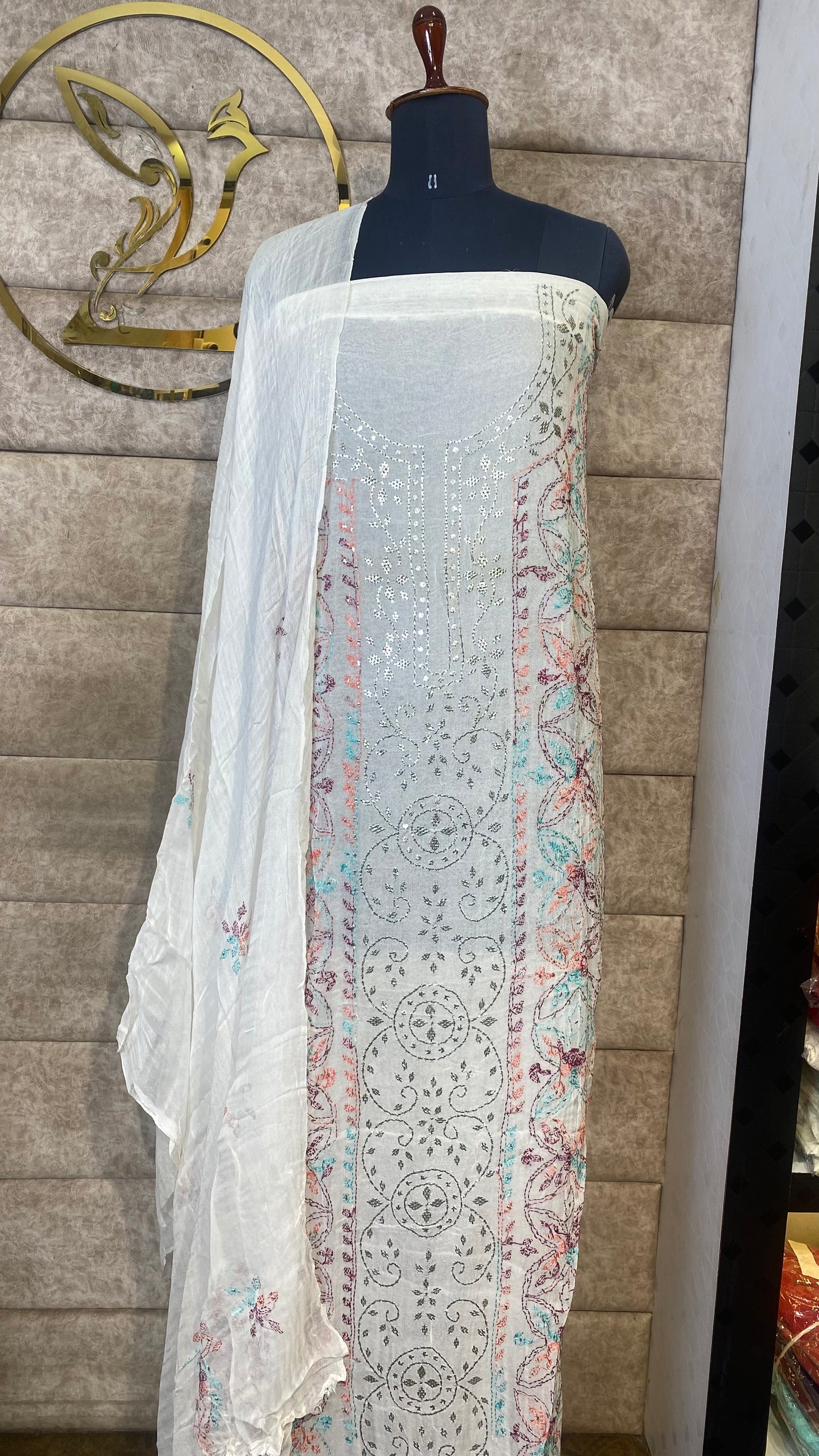 WHITE KARACHI TOP AND DUPATTA MATERIAL - 30621 (WITH OUT BOTTOM)