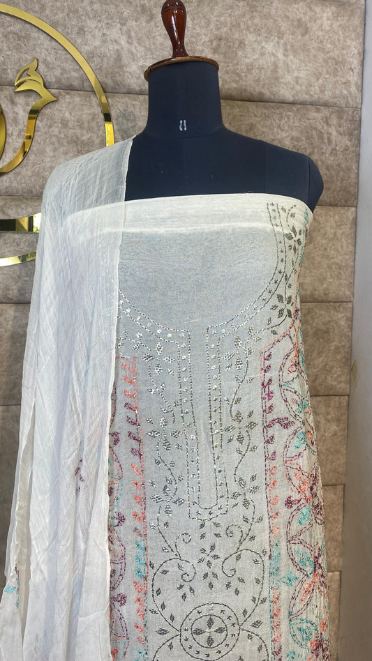 WHITE KARACHI TOP AND DUPATTA MATERIAL - 30621 (WITH OUT BOTTOM)