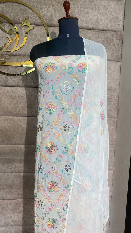 WHITE KARACHI TOP AND DUPATTA MATERIAL - 30621 (WITH OUT BOTTOM)