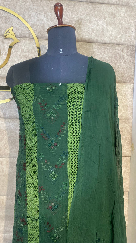 BOTTLE GREEN  CHIFFON  TOP AND DUPATTA MATERIAL - 30622 (WITHOUT BOTTOM)