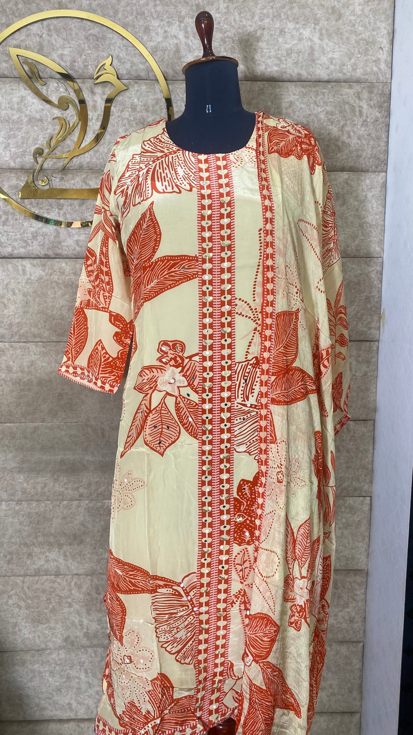 MUSLIN CREAM WITH RUST ORANGE FULL SALWAR SET- 30629