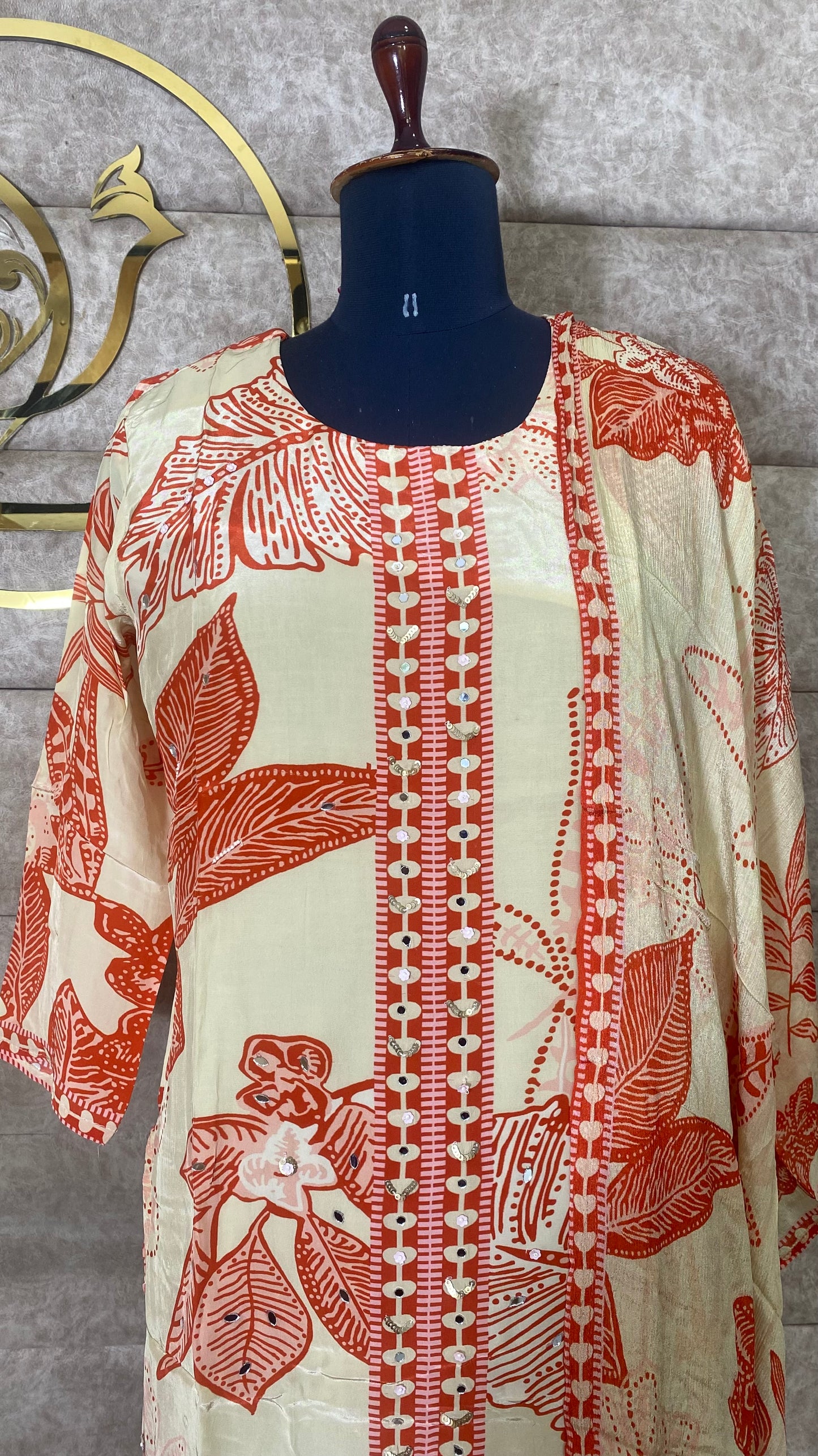 MUSLIN CREAM WITH RUST ORANGE FULL SALWAR SET- 30629