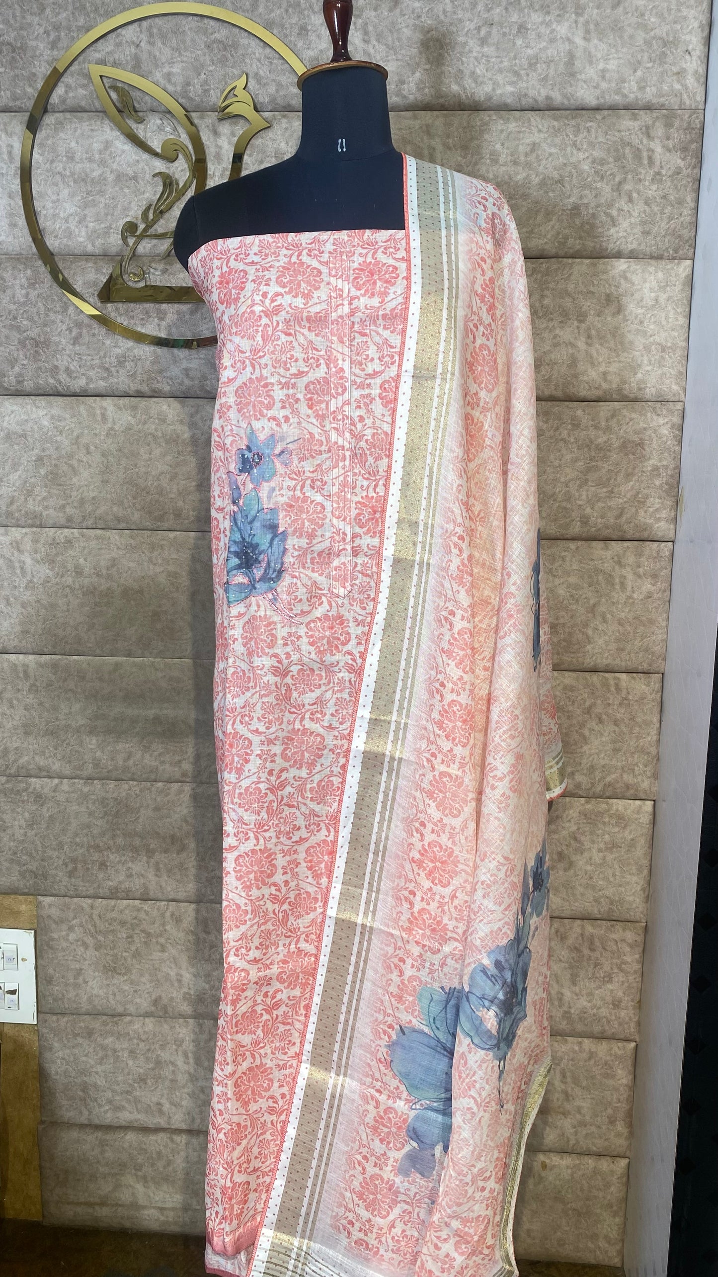 LINEN MIX WHITE & PINK FULL SALWAR MATERIAL - 30584