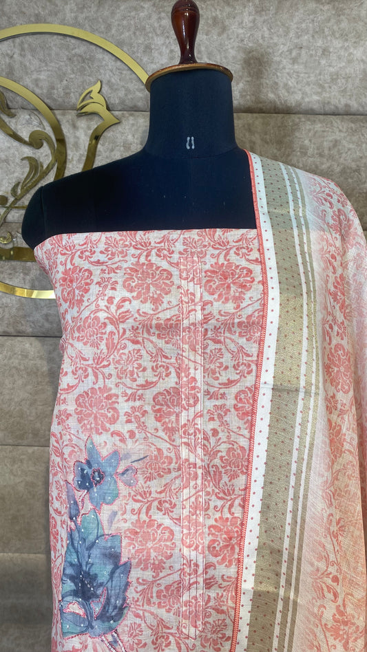 LINEN MIX WHITE & PINK FULL SALWAR MATERIAL - 30584