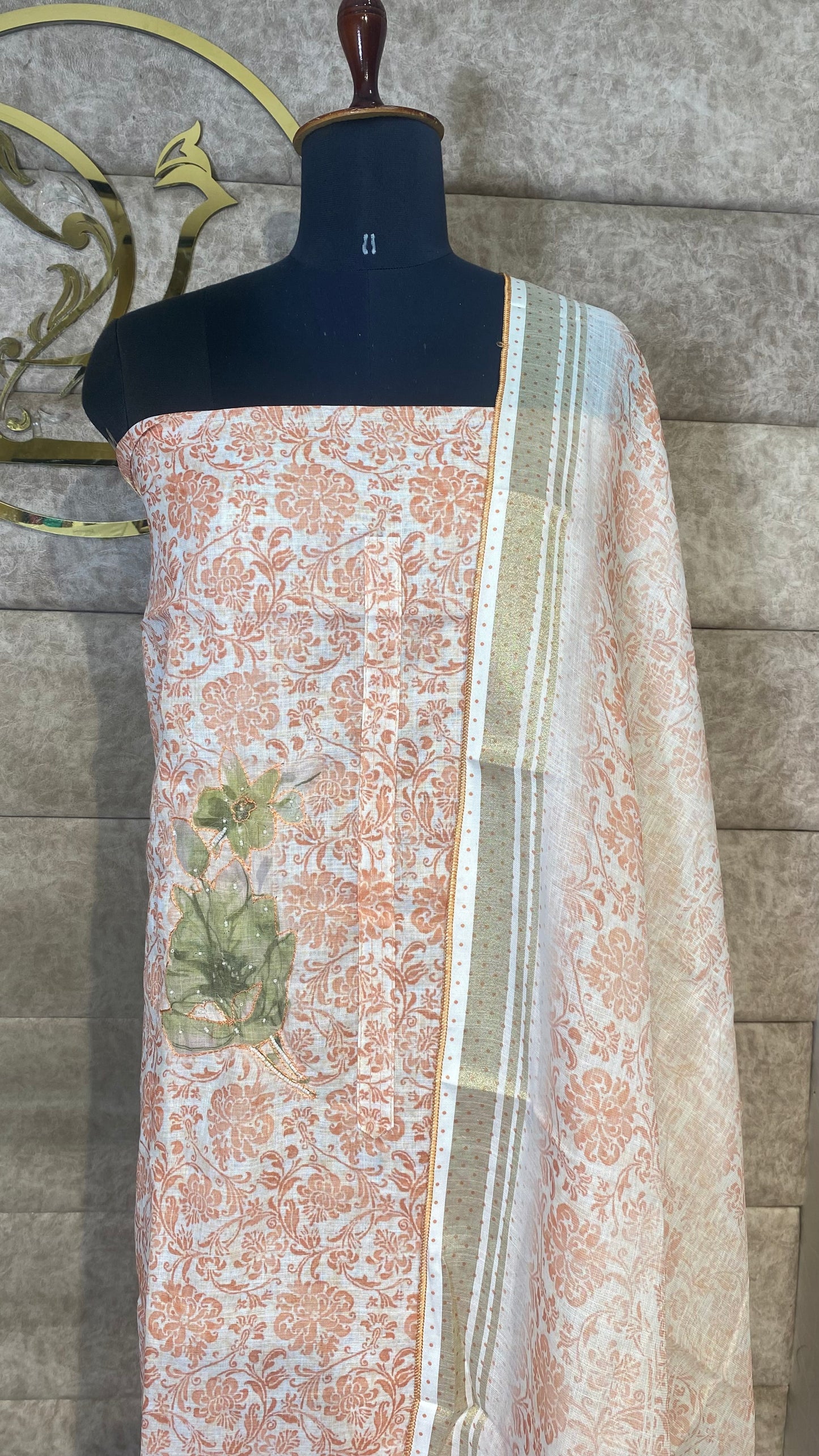 LINEN MIX WHITE & ORANGE FULL SALWAR MATERIAL - 30584