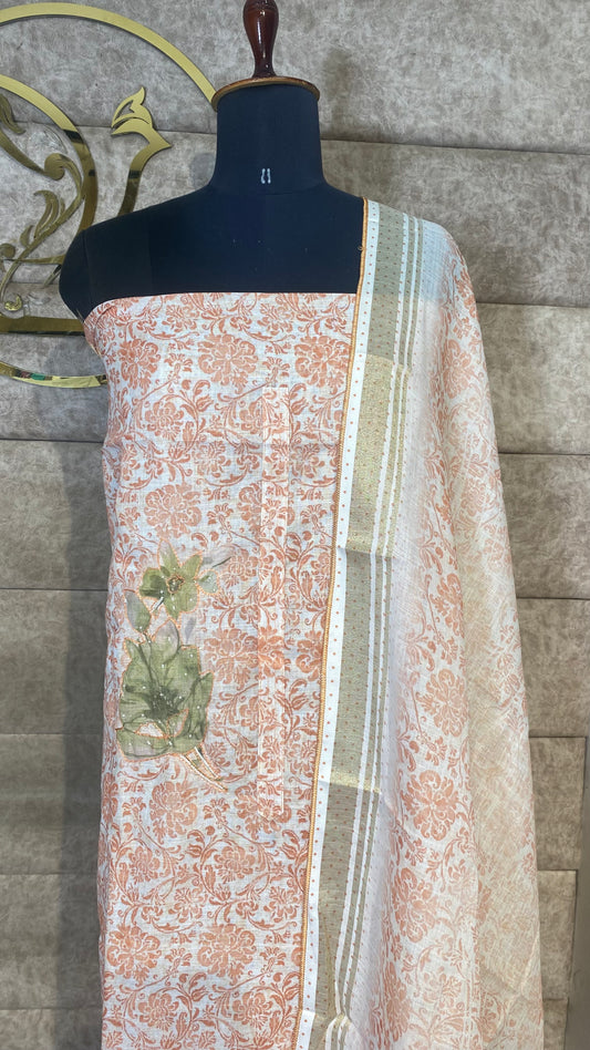 LINEN MIX WHITE & ORANGE FULL SALWAR MATERIAL - 30584