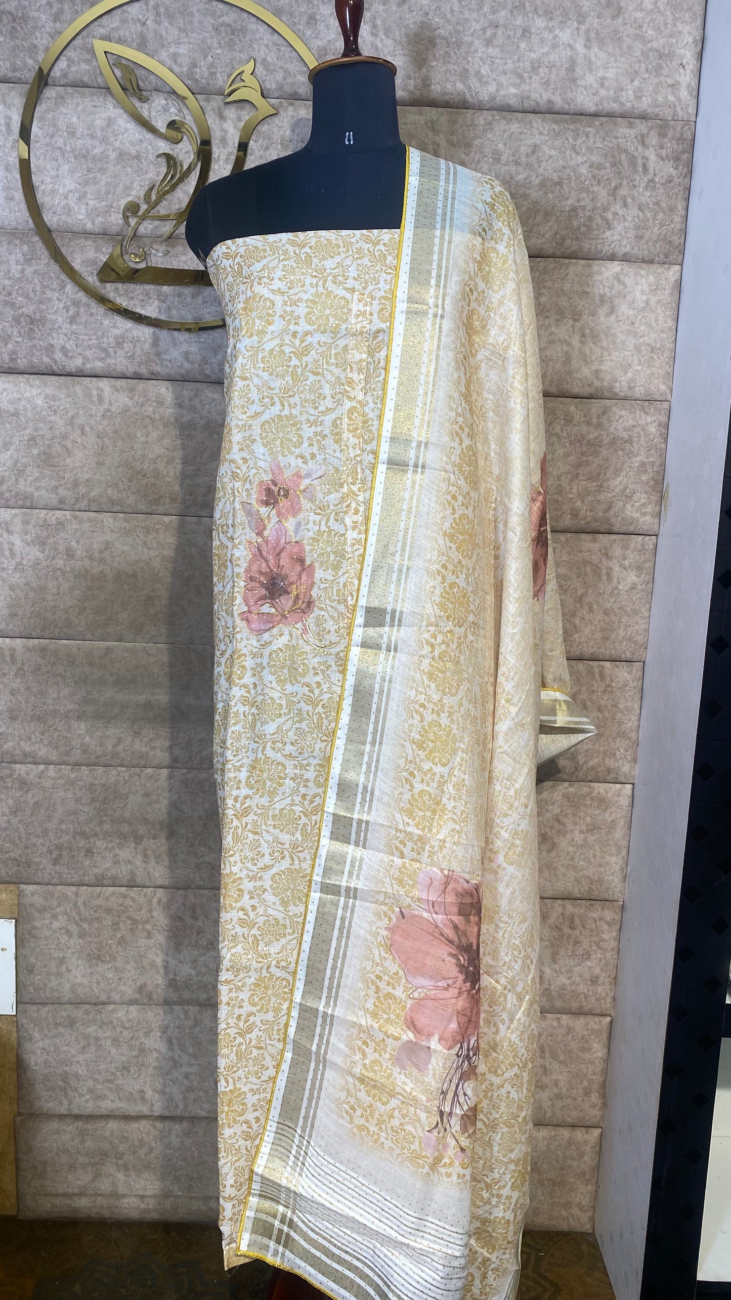 LINEN MIX WHITE & GOLDEN FULL SALWAR MATERIAL - 30584
